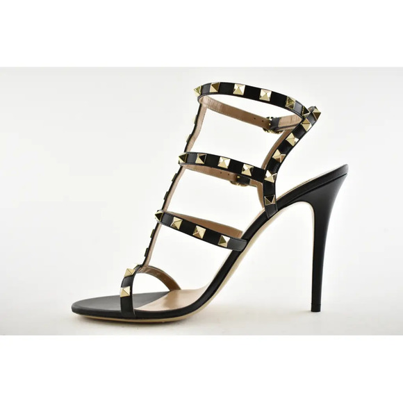 Valentino Rockstud 105 Black Leather Stud Caged Ankle Strap Sandal Heel Pump 40 - Picture 9 of 12